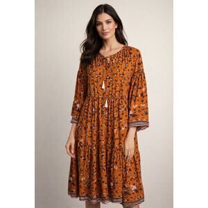 NATALIE MARTIN Golden Yellow Floral Tie Neckline Tassels 100% Silk Dress size S